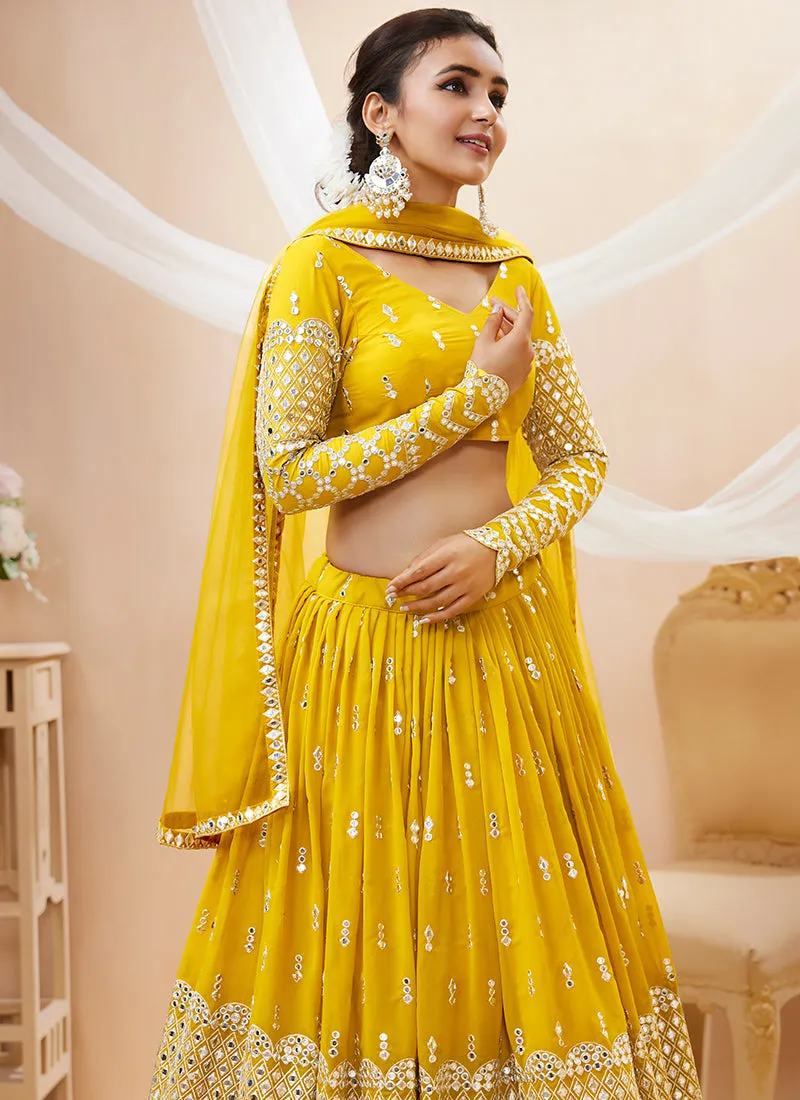 Yellow Mirror Work Embroidery Wedding Lehenga Choli