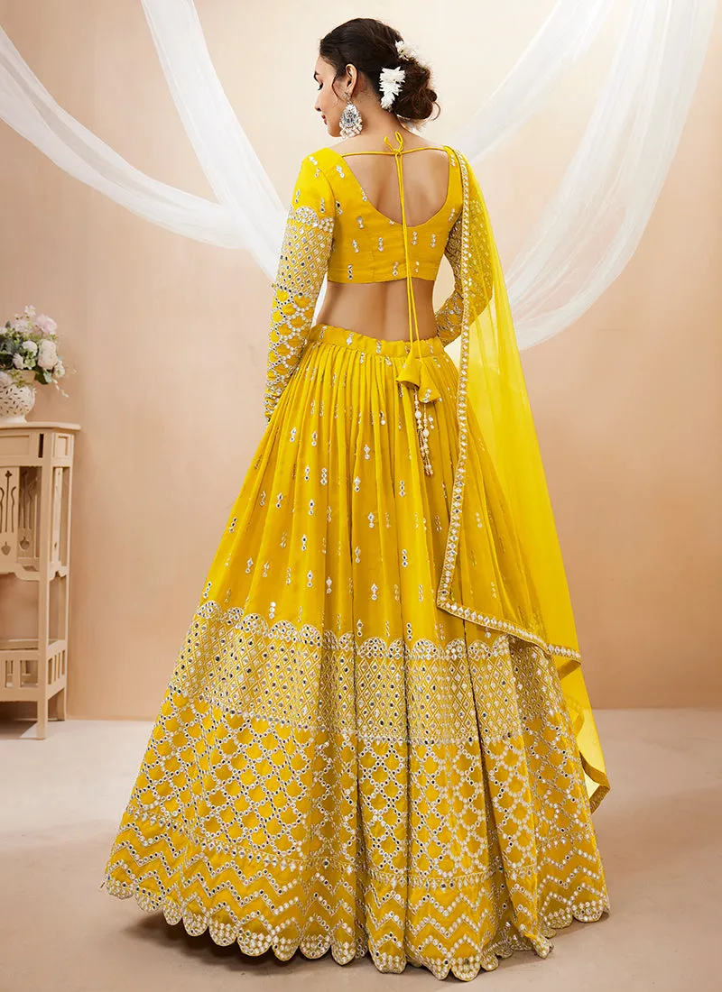 Yellow Mirror Work Embroidery Wedding Lehenga Choli
