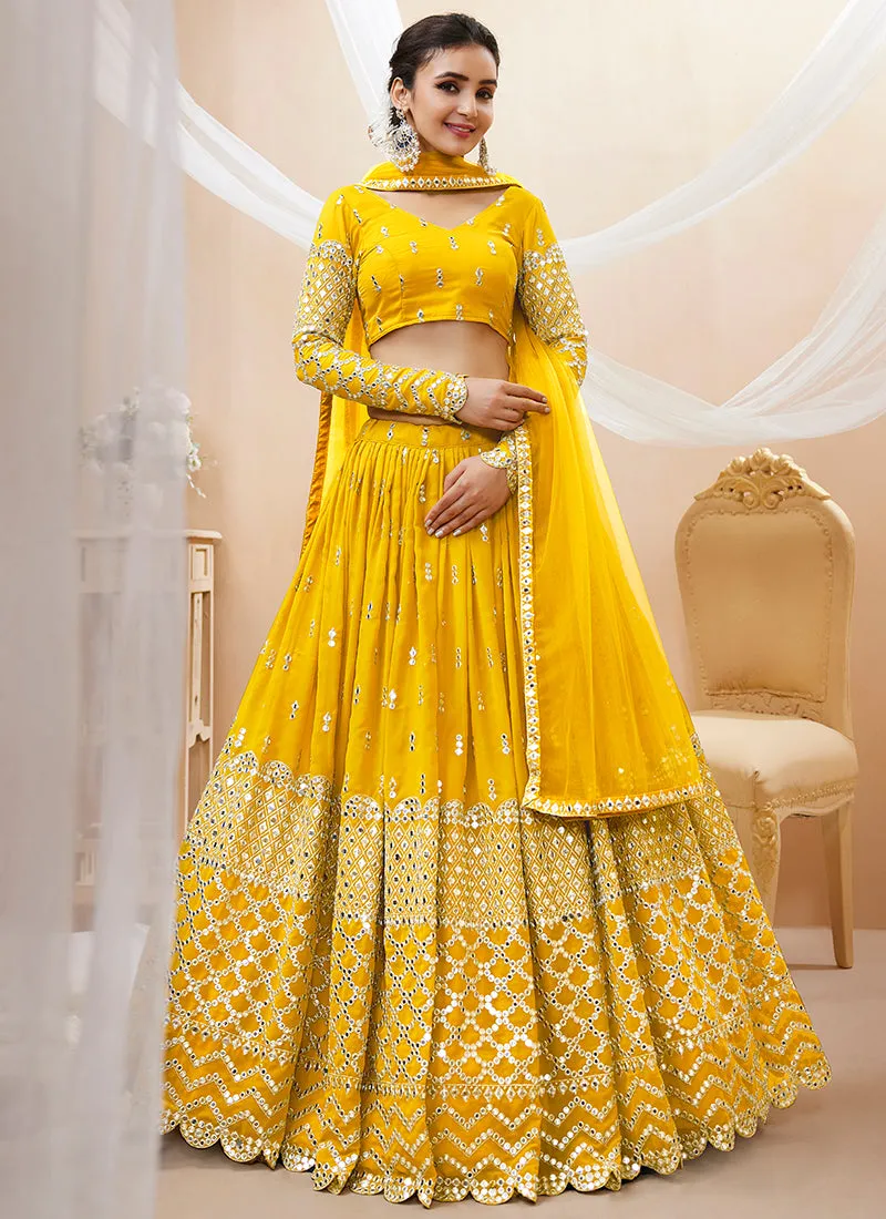 Yellow Mirror Work Embroidery Wedding Lehenga Choli