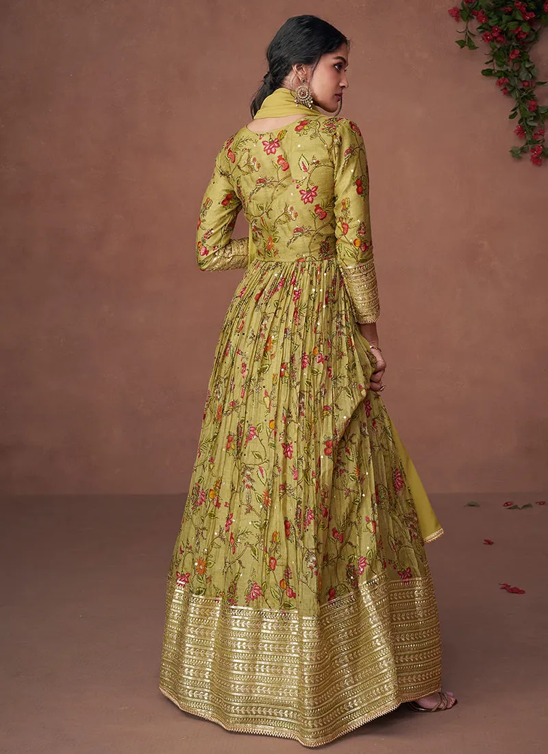 Yellow Multi Designer Embroidered Printed Anarkali Gown