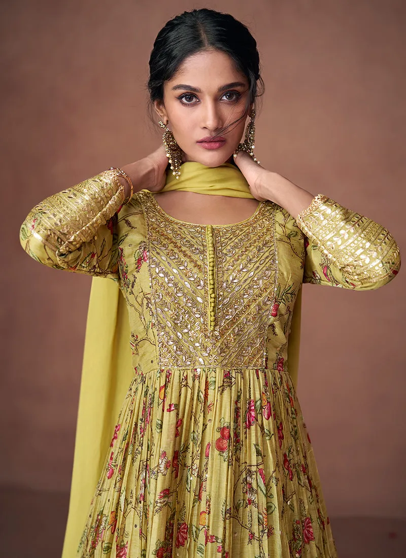 Yellow Multi Designer Embroidered Printed Anarkali Gown