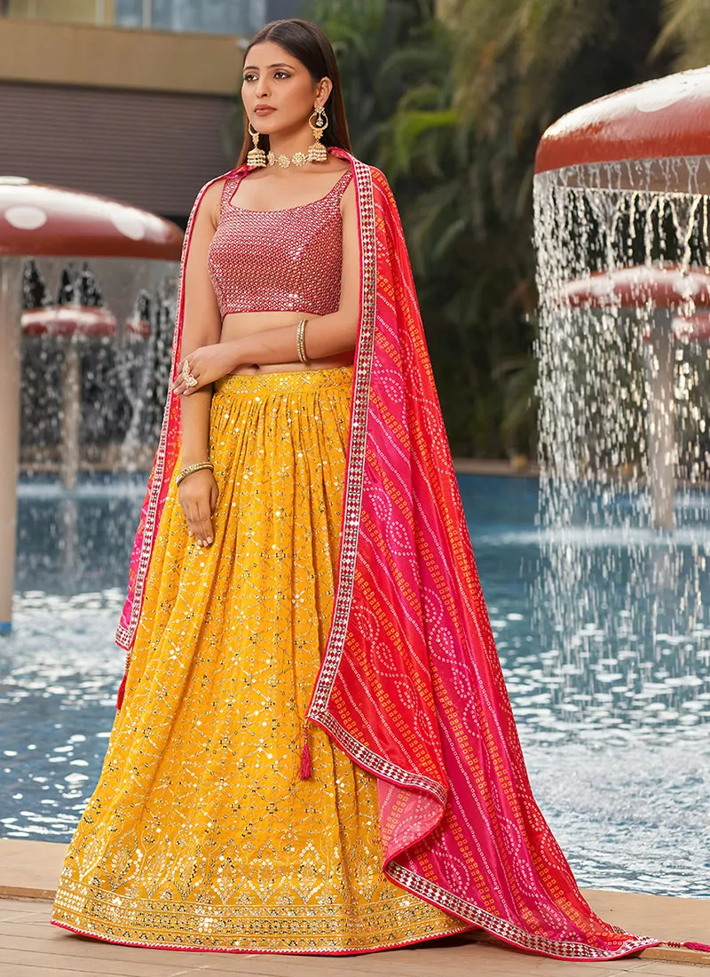 Yellow Multi Sequence Embroidery Lehenga Choli And Dupatta