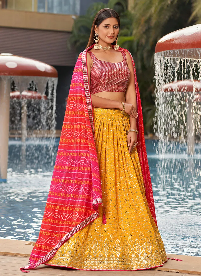 Yellow Multi Sequence Embroidery Lehenga Choli And Dupatta