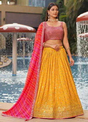Yellow Multi Sequence Embroidery Lehenga Choli And Dupatta