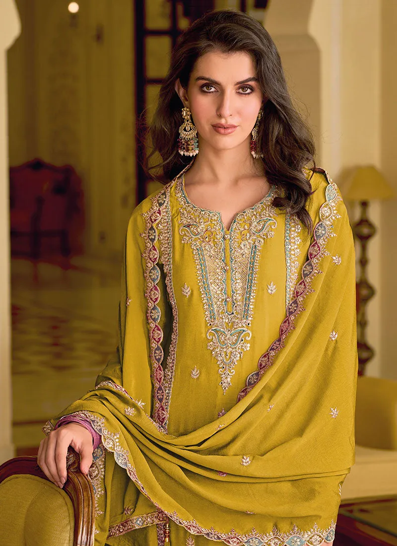Yellow Sequence Embroidery Designer Pant Style Suit