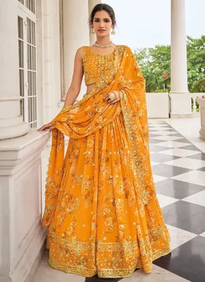 Yellow Sequence Embroidery Floral Printed Lehenga Choli