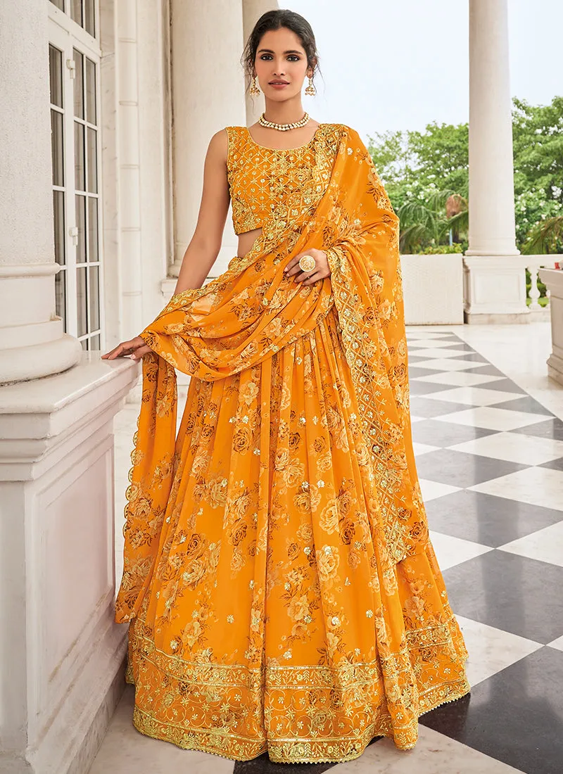 Yellow Sequence Embroidery Floral Printed Lehenga Choli